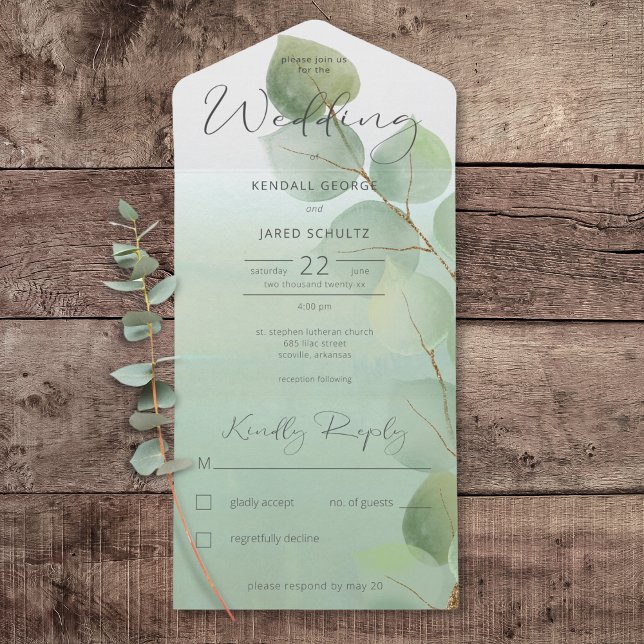 Sage Green Modern Eucalyptus No Dinner All In One Invitation (Sage Green Modern Eucalyptus All In One Wedding Invitation without Dinner Options)