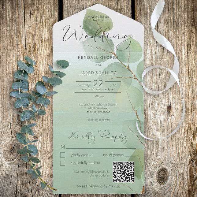 Sage Green Modern Eucalyptus QR Code All In One Invitation (Creator Uploaded)