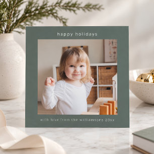 Sage Green Modern Happy Christmas 2 Photo Square Holiday Card