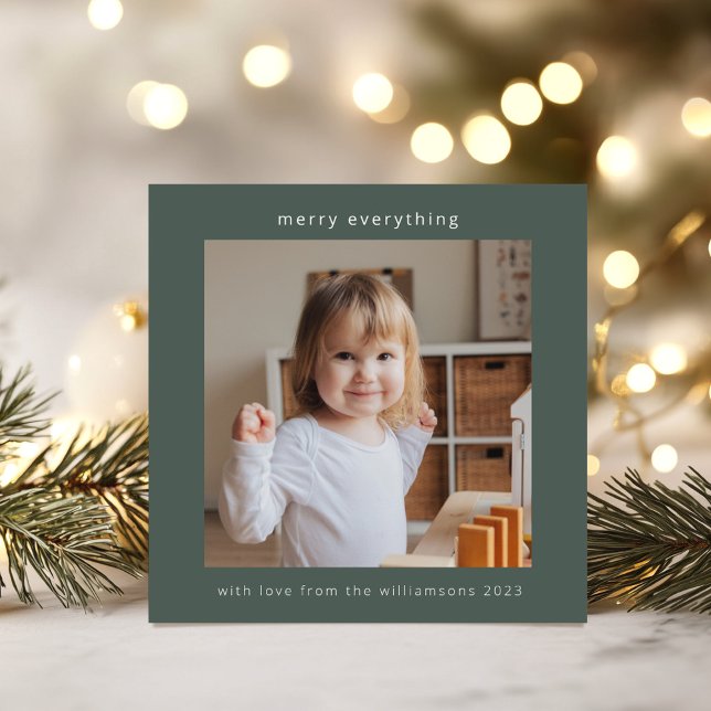 Sage Green Modern Merry Everything 2 Photo Square Holiday Card (Creator Uploaded)