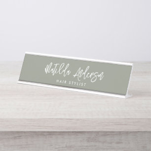 Sage green modern minimal elegant script desk name plate