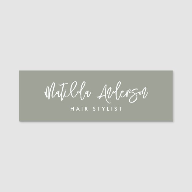 Sage green modern minimal elegant script  name tag (Front)
