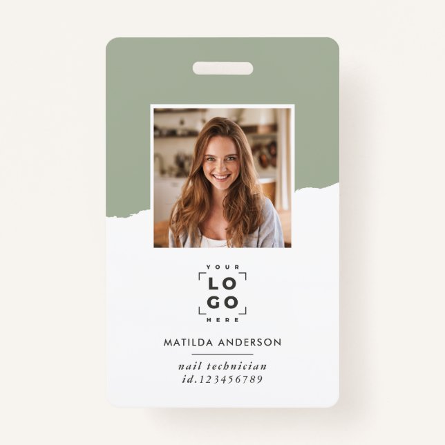 Sage green modern minimal photo abstract ID badge (Front)