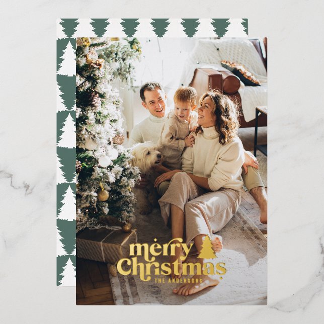 sage green modern minimal retro photo foil holiday card (Front/Back)