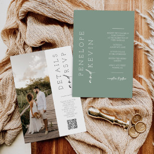 Sage Green Modern Minimal Wedding Photo QR Code Invitation