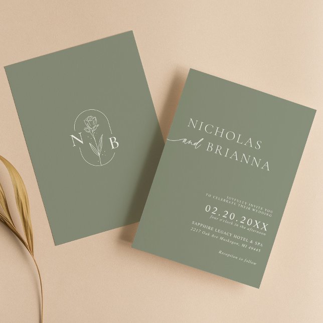 Sage Green Modern Minimalist Boho Wedding Monogram Invitation (Creator Uploaded)