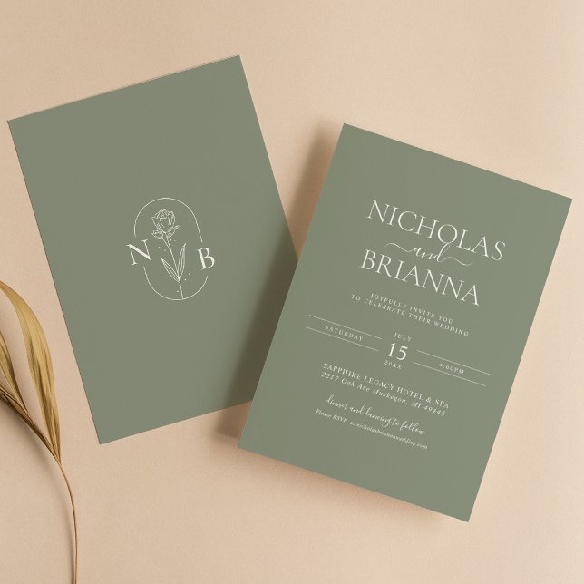 Sage Green Modern Minimalist Boho Wedding Monogram Invitation (Creator Uploaded)