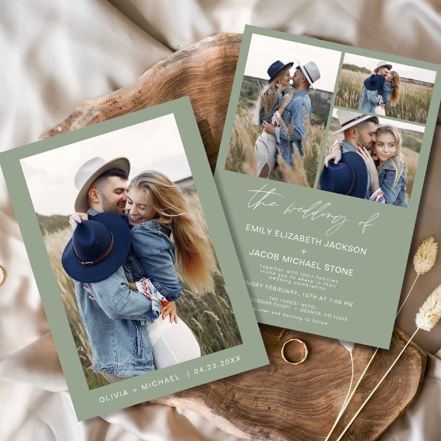 Sage Green Modern Minimalist Elegant Photo Wedding Invitation (Creator Uploaded)