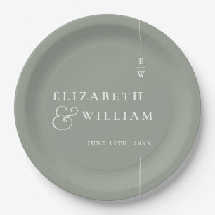 Sage Green Modern Minimalist Monogram Wedding Paper Plate