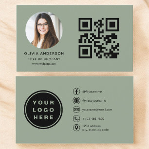 Sage Green Modern Minimalist Photo with QR Code Business Card