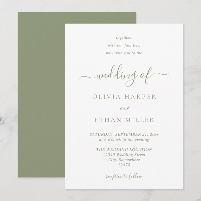 Sage Green Modern Minimalist Simple Wedding Invitation (Front/Back)