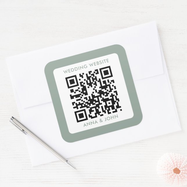 sage green modern minimalist wedding qr code square sticker (Envelope)