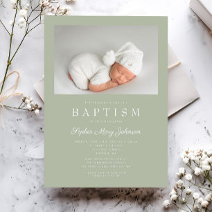 Sage Green Modern Photo Baptism Invitation