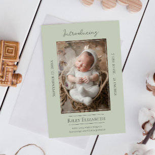 Sage Green Modern Photo Birth Announcement