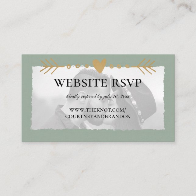 Sage Green Modern Photo Gold Heart Website RSVP Enclosure Card (Front)