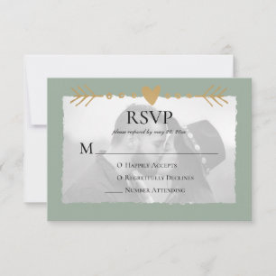 Sage Green Modern Photo Gold Hearts RSVP Card