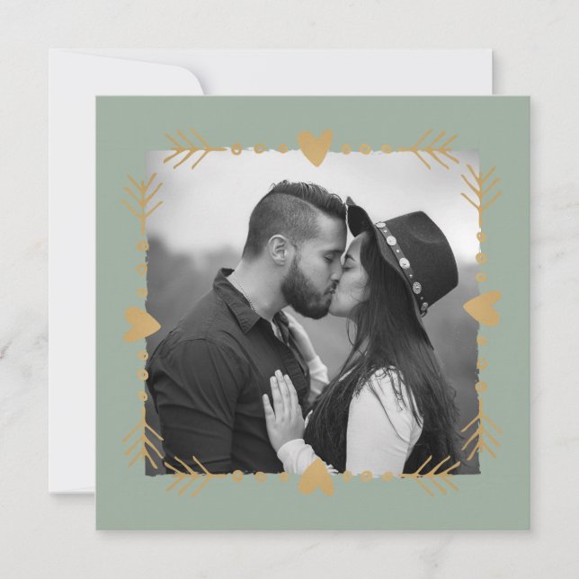 Sage Green Modern Photo Gold Hearts Wedding Invitation (Front)