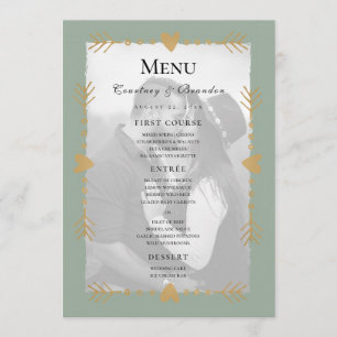 Sage Green Modern Photo Gold Hearts Wedding Menu