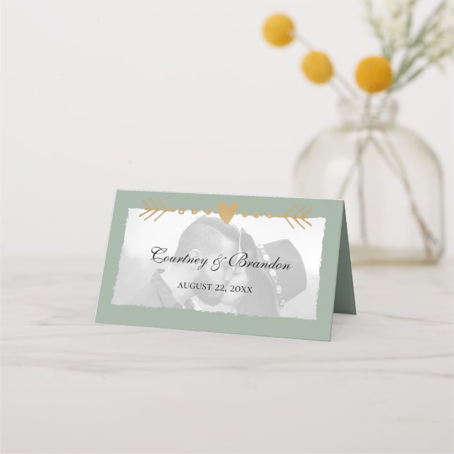 Sage Green Modern Photo Gold Hearts Wedding Place Card (Front)