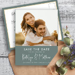 Sage Green Modern Photo Minimalist Wedding Save Th Announcement Postcard<br><div class="desc">Sage Green Modern Photo Minimalist Wedding Save The Date Announcement Postcard. Let your family, friends and colleagues know that you have set a date for your wedding celebration with this elegant, stylish and modern wedding save the date invitation card. All the texts are pre-arranged for you to personalise easily and...</div>