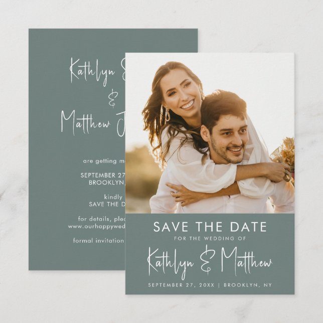 Sage Green Modern Photo Minimalist Wedding Save The Date (Front/Back)