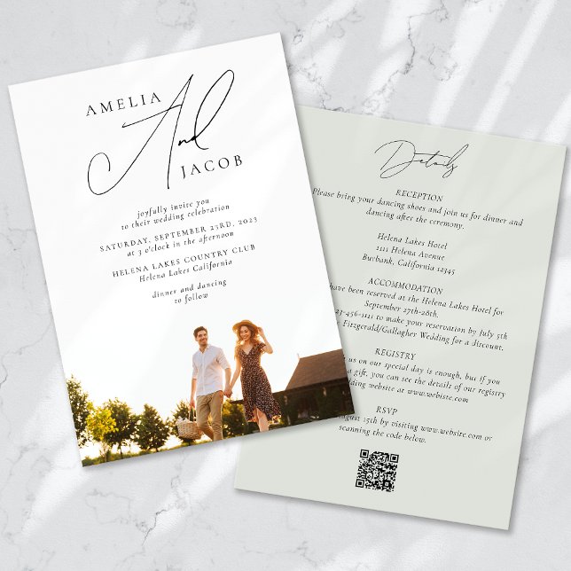 Sage Green Modern Photo QR Code All in One Wedding Invitation (Creator Uploaded)