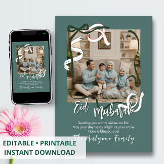 Sage Green Modern Ribbon Family Photo Eid Mubarak Holiday Card