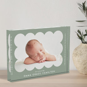 Sage Green Modern Scalloped Birth Announcement Photo Block