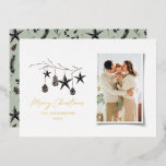 sage green modern scandi script Christmas photo  Foil Holiday Card<br><div class="desc">real foil christmas card,  Black modern elegant rustic watercolor beige natural Scandinavian contemporary muted colours beige,  black and white photo holiday Christmas card.</div>