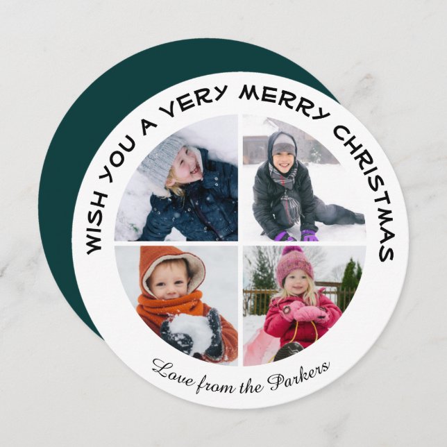 Sage Green Modern Script 4 Photo Minimalist Circle Holiday Card (Front/Back)