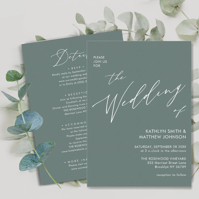 Sage Green Modern Script All In One Simple Wedding Invitation (Creator Uploaded)