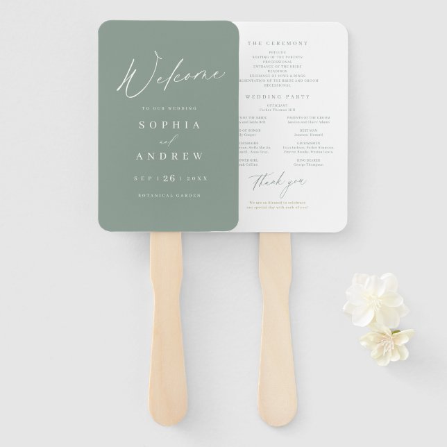 Sage Green modern script minimal wedding program Hand Fan (Front and Back)