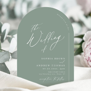Sage Green modern script minimalist arch wedding Invitation