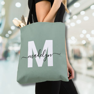 Sage Green Modern Script Name Monogram Tote Bag