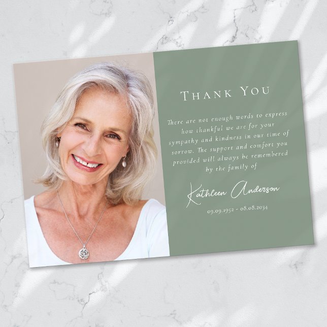 Sage Green Modern Script Photo Funeral Thank You Card (Creator Uploaded)