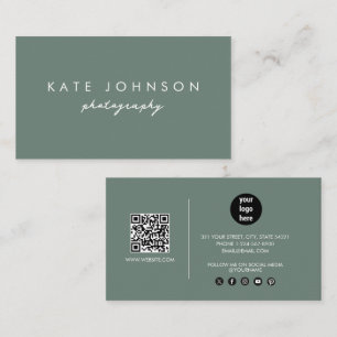 Sage Green Modern Script QR Code Social Media Business Card