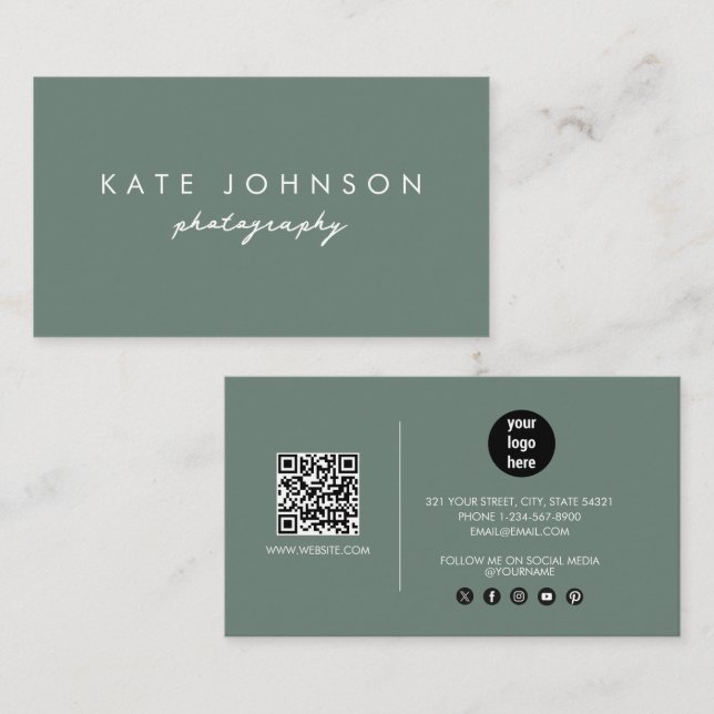 Sage Green Modern Script QR Code Social Media  Business Card (Front/Back)