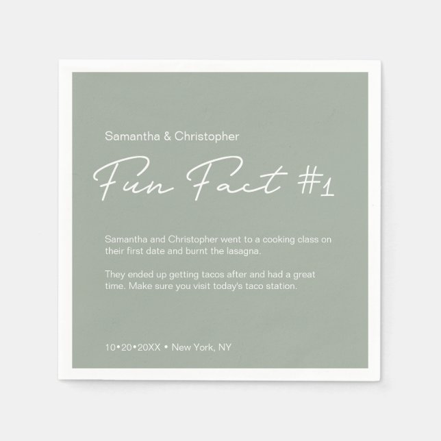 Sage green Modern Simple Couple fun fact Wedding Napkin (Front)