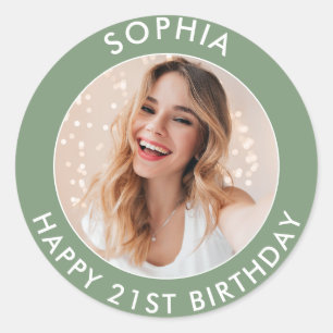 Sage Green Modern Simple Happy 21st Birthday Photo Classic Round Sticker