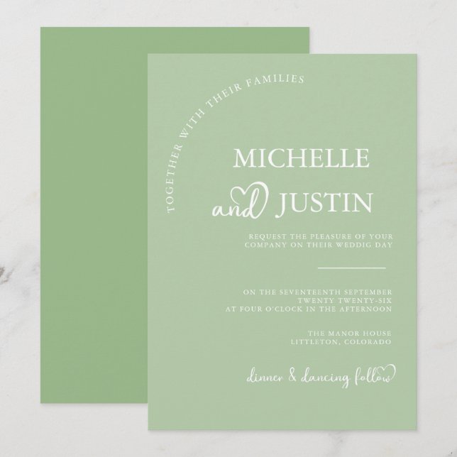 Sage Green Modern Simple Minimalist Wedding   Invitation (Front/Back)