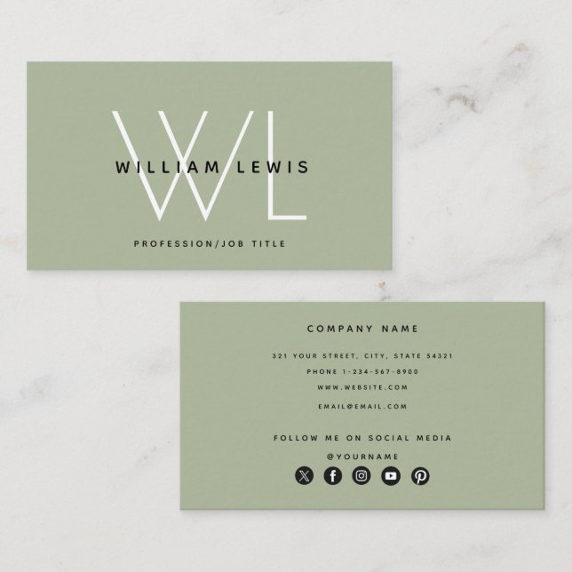 Sage Green Modern Social Media Icon Business Card (Front/Back)