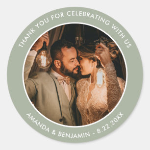 Sage Green Modern Thank You Photo Wedding Favour Classic Round Sticker