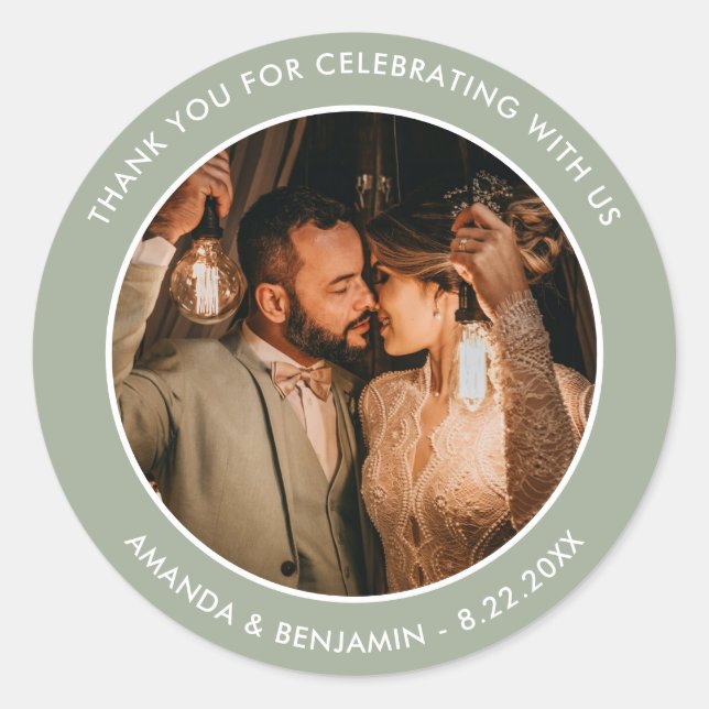 Sage Green Modern Thank You Photo Wedding Favour Classic Round Sticker (Front)