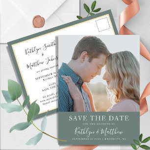Sage Green Modern Typography Simple Photo Wedding Announcement Postcard