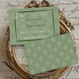 Sage Green Modern Vintage Harlequin Wedding RSVP Enclosure Card