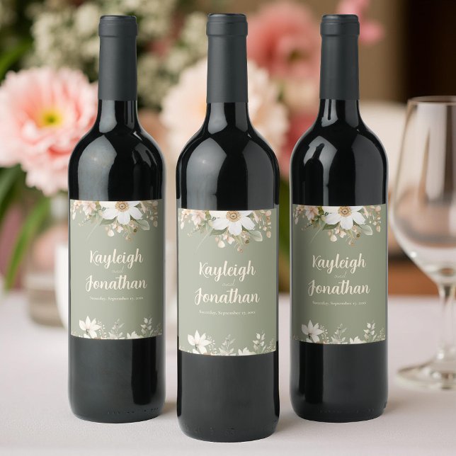 Sage Green Modern Watercolor Floral Wedding Wine Label (Creator Uploaded)