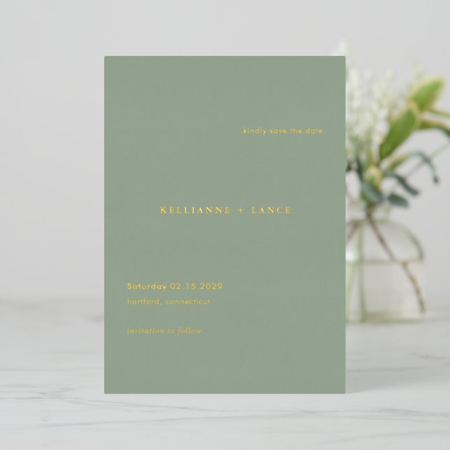 Sage Green Modern Wedding Foil Save the Date (Standing Front)