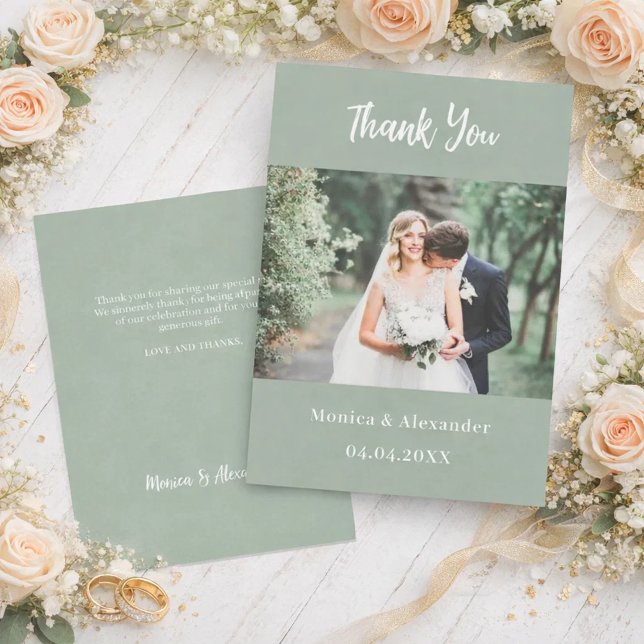 Sage green modern wedding photo thank you card (Creator Uploaded)