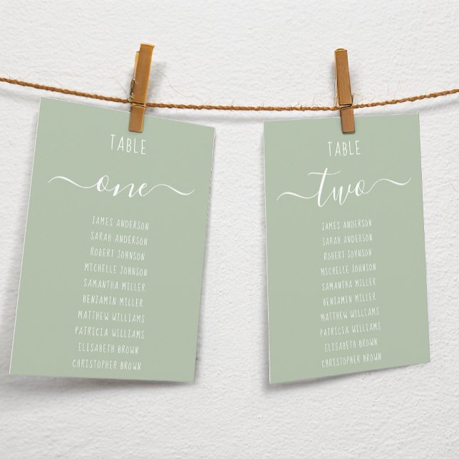 Sage Green Modern White Script Seating Chart Card (Creator Uploaded)
