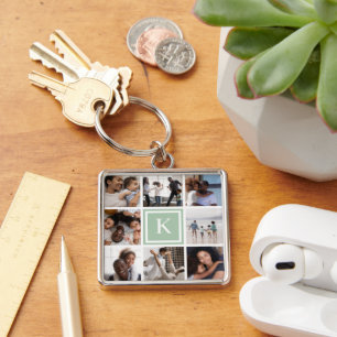 Sage Green Monogram 8 Photo Collage Key Ring